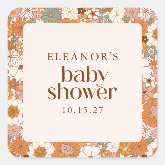Pegatina Cuadrada Baby Shower floral Retro Earthy Boho (Anverso)