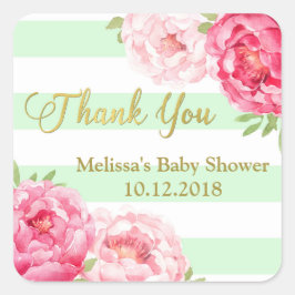 Pegatina Cuadrada Baby Shower Floral Rosa Rosa Mint Stripes
