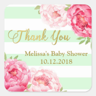 Pegatina Cuadrada Baby Shower Floral Rosa Rosa Mint Stripes
