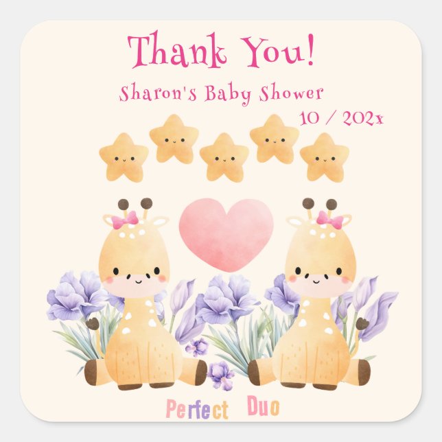 Pegatina Cuadrada Baby Shower gemelo | Cute Giraffe Baby Shower (Anverso)
