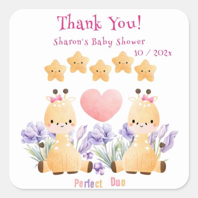 Pegatina Cuadrada Baby Shower gemelo | Cute Giraffe Baby Shower (Anverso)