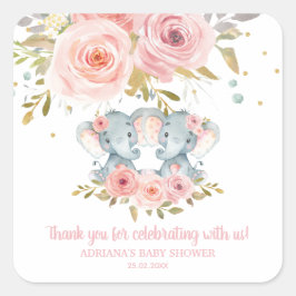 Pegatina Cuadrada Baby Shower: Gemelos de Elefantes Florales Rosa