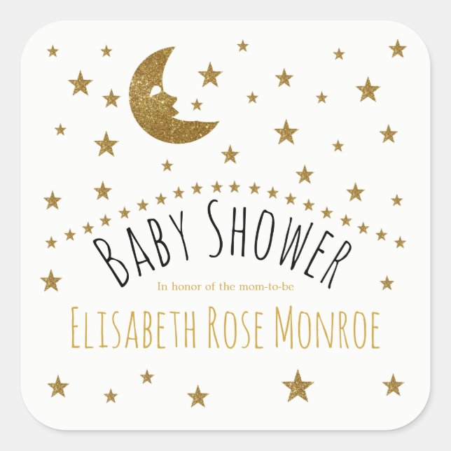 Pegatina Cuadrada Baby Shower Gold Moon and Stars (Anverso)