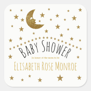 Pegatina Cuadrada Baby Shower Gold Moon and Stars