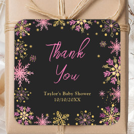 Pegatina Cuadrada Baby Shower Gold y Pink Snowflakes Gracias