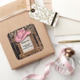 Pegatina Cuadrada Baby Shower, Gorra de Cowgirl rustica