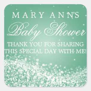 Pegatina Cuadrada Baby Shower Gracias a Sparkling Wave Mint