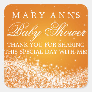 Pegatina Cuadrada Baby Shower Gracias a Sparkling Wave Naranja