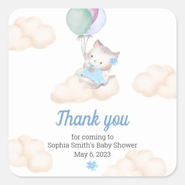 Pegatina Cuadrada Baby Shower Gracias a Whimsical Floating Kitten (Anverso)