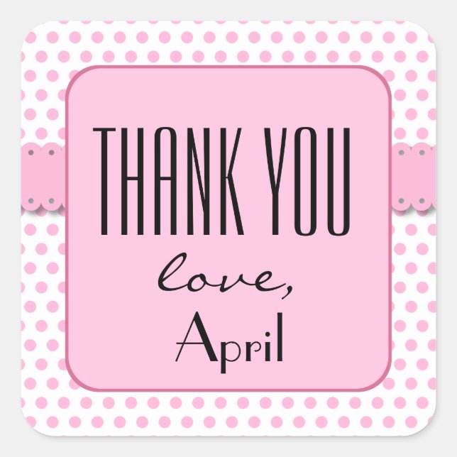 Pegatina Cuadrada BABY SHOWER Gracias Pink Polka Dots V11A (Anverso)