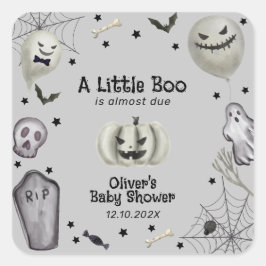 Pegatina Cuadrada Baby Shower Gray Modern Little Boo Ghost Boy
