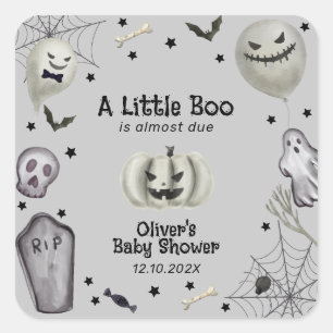 Pegatina Cuadrada Baby Shower Gray Modern Little Boo Ghost Boy