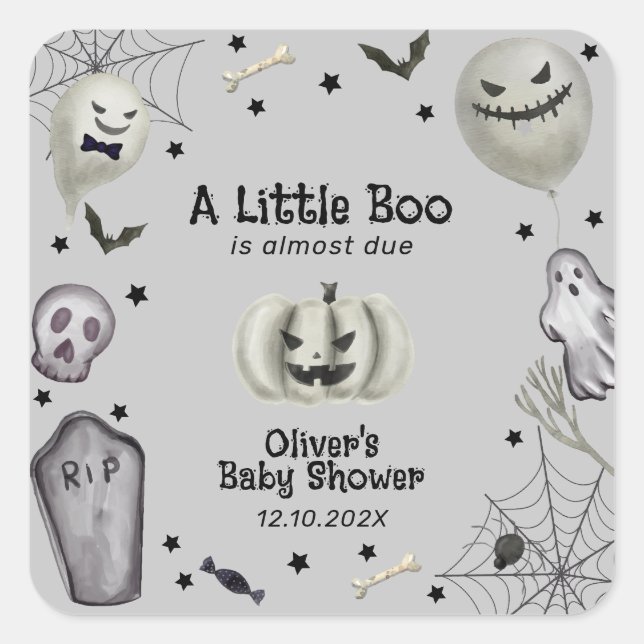 Pegatina Cuadrada Baby Shower Gray Modern Little Boo Ghost Boy (Anverso)
