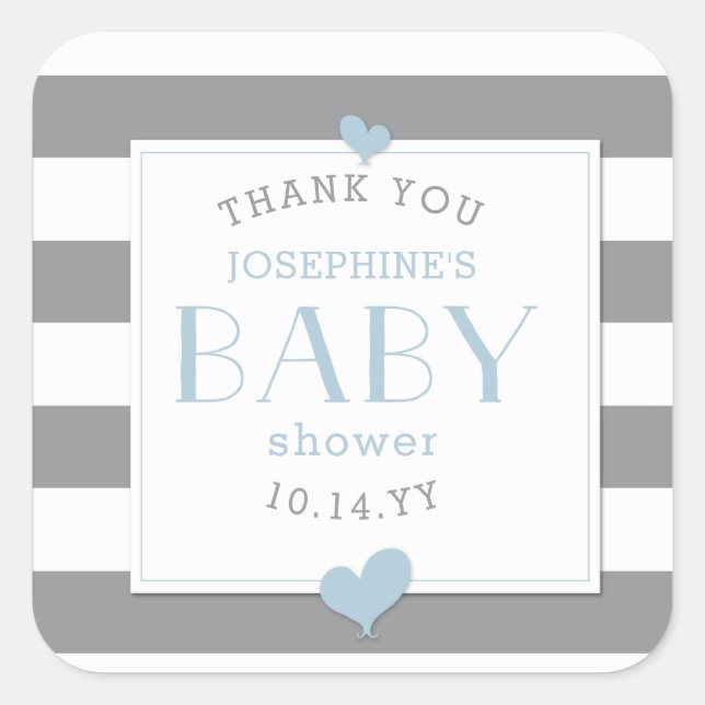 Pegatina Cuadrada Baby Shower Gray Stripe Gracias (Anverso)