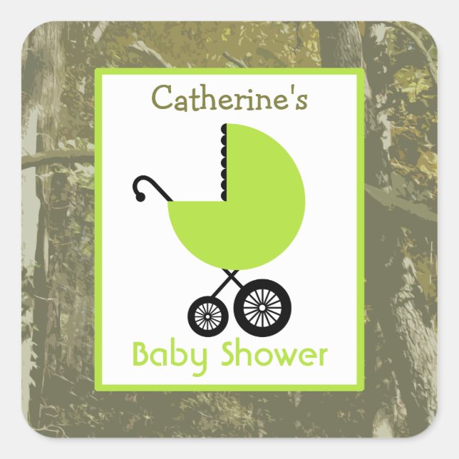 Pegatina Cuadrada Baby Shower Green Carriage & Camouflage (Anverso)