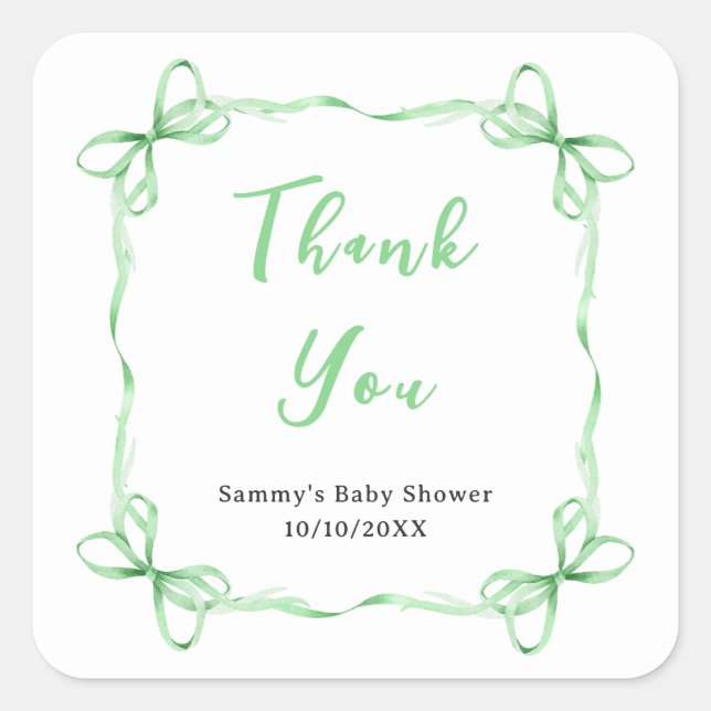 Pegatina Cuadrada Baby Shower Green Coquette Ribbon Gracias (Anverso)