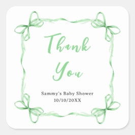 Pegatina Cuadrada Baby Shower Green Coquette Ribbon Gracias