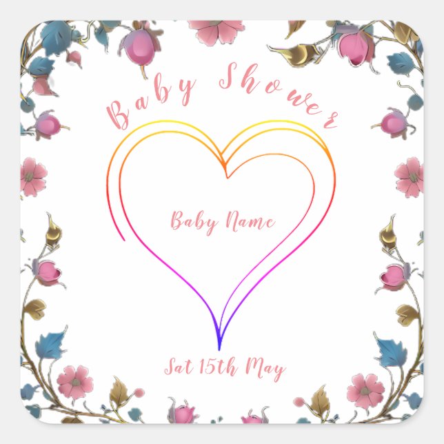 Pegatina Cuadrada Baby Shower Heart (Anverso)