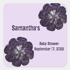 Pegatina Cuadrada Baby Shower Keepsake Purple Flowers Baby Girl