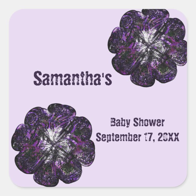 Pegatina Cuadrada Baby Shower Keepsake Purple Flowers Baby Girl (Anverso)