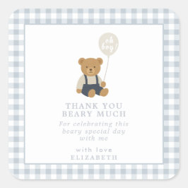 Pegatina Cuadrada Baby Shower Light Blue Gingham Teddy Bear