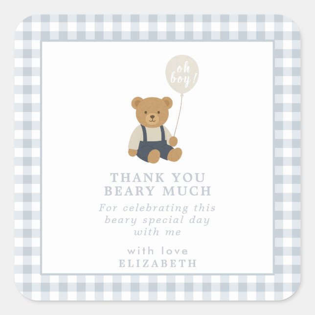 Pegatina Cuadrada Baby Shower Light Blue Gingham Teddy Bear (Anverso)