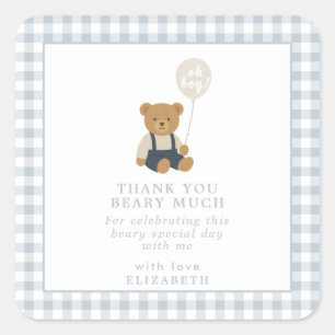 Pegatina Cuadrada Baby Shower Light Blue Gingham Teddy Bear