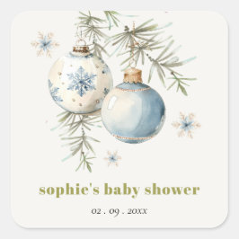 Pegatina Cuadrada Baby Shower Minimal Blue Winter Chirstmas Boy