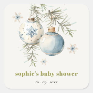 Pegatina Cuadrada Baby Shower Minimal Blue Winter Chirstmas Boy