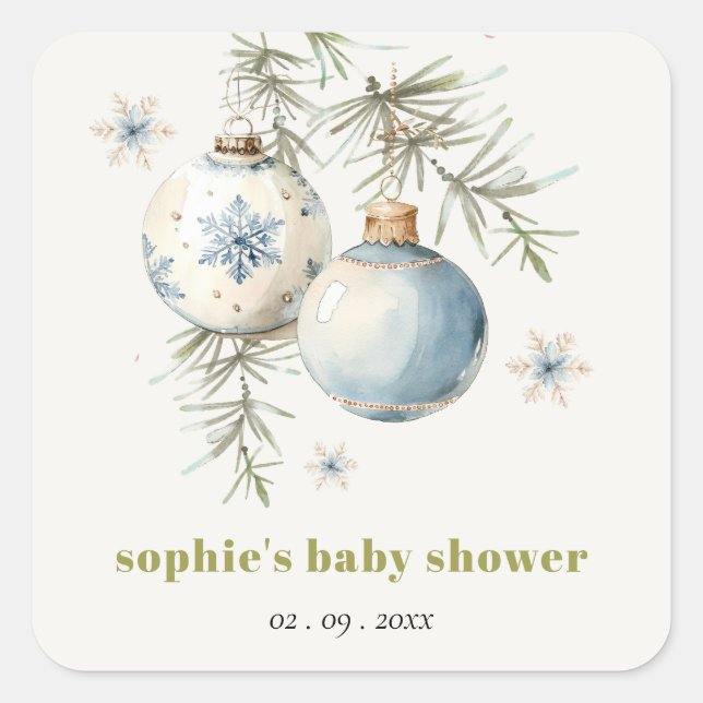 Pegatina Cuadrada Baby Shower Minimal Blue Winter Chirstmas Boy (Anverso)