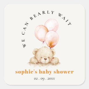 Pegatina Cuadrada Baby Shower mínimo de Rubor Bearly Wait