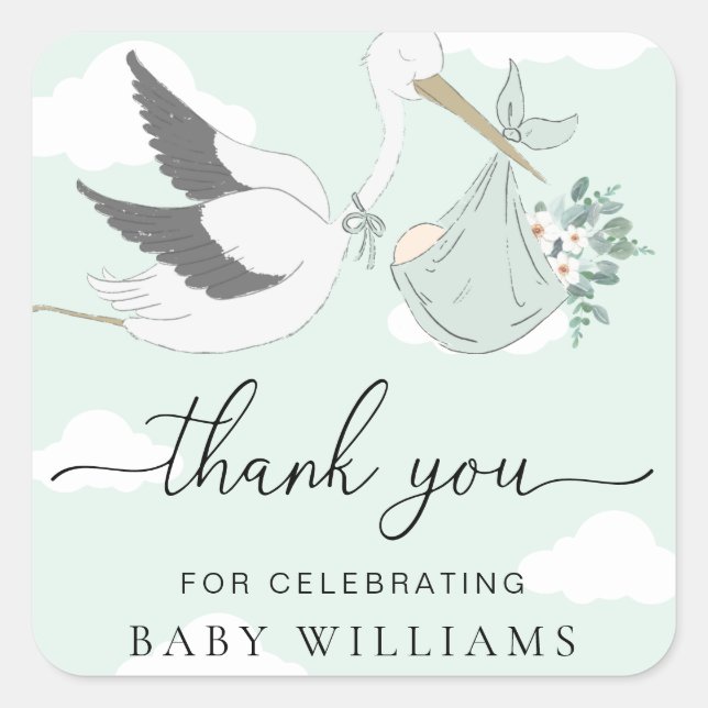 Pegatina Cuadrada Baby Shower Mint Green Stork Gracias (Anverso)