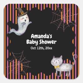 Pegatina Cuadrada Baby Shower moderno de gato fantasma para niños pe