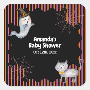 Pegatina Cuadrada Baby Shower moderno de gato fantasma para niños pe