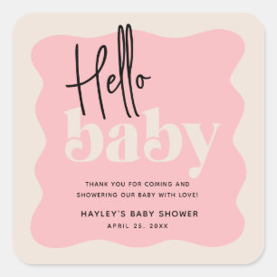 Pegatina Cuadrada Baby Shower moderno Hello Baby Pink & Cream