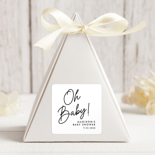 Pegatina Cuadrada Baby Shower moderno Oh Baby Black Script (Subido por el creador)