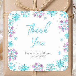 Pegatina Cuadrada Baby Shower Morple and Blue Snowflakes Gracias