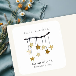 Pegatina Cuadrada Baby Shower móvil de estrella neutral amarillo sim