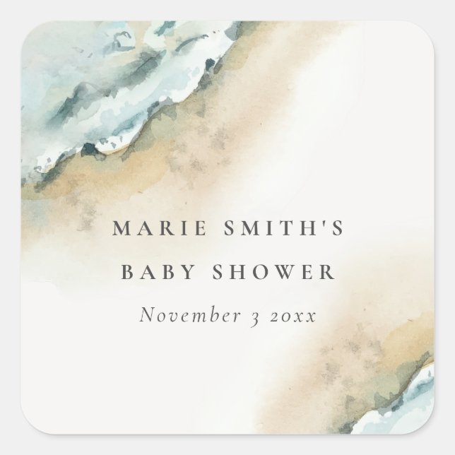 Pegatina Cuadrada Baby Shower Náutico de las olas de mar costero de  (Anverso)