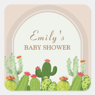 Pegatina Cuadrada Baby Shower Neutral Boho Cactus Arch