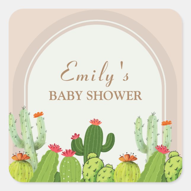Pegatina Cuadrada Baby Shower Neutral Boho Cactus Arch (Anverso)