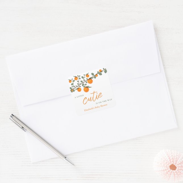 Pegatina Cuadrada Baby Shower neutral de género de Naranja cutáneo p (Sobre)