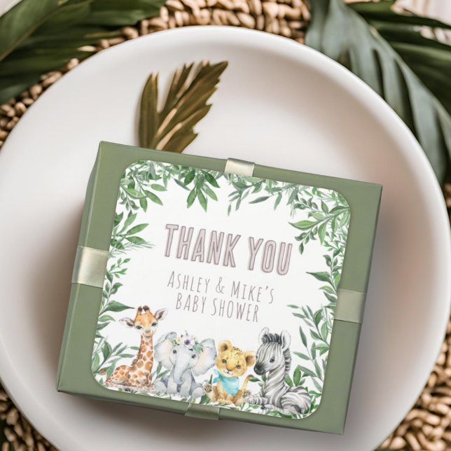 Pegatina Cuadrada Baby Shower Neutral de género Safari Animales Gree (Subido por el creador)