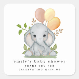 Pegatina Cuadrada Baby Shower neutral de género sobre elefante cután