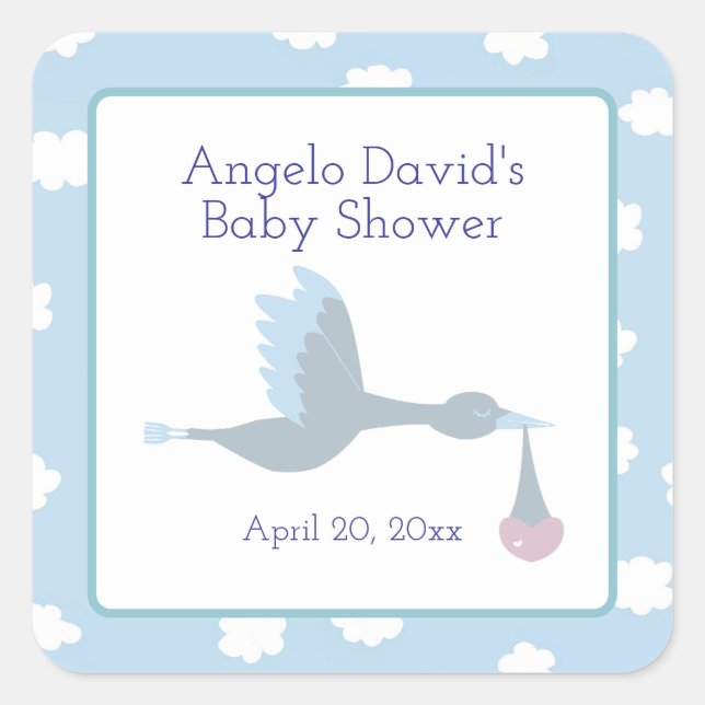 Pegatina Cuadrada Baby Shower para Boy Stork con cielo azul y nubes (Anverso)