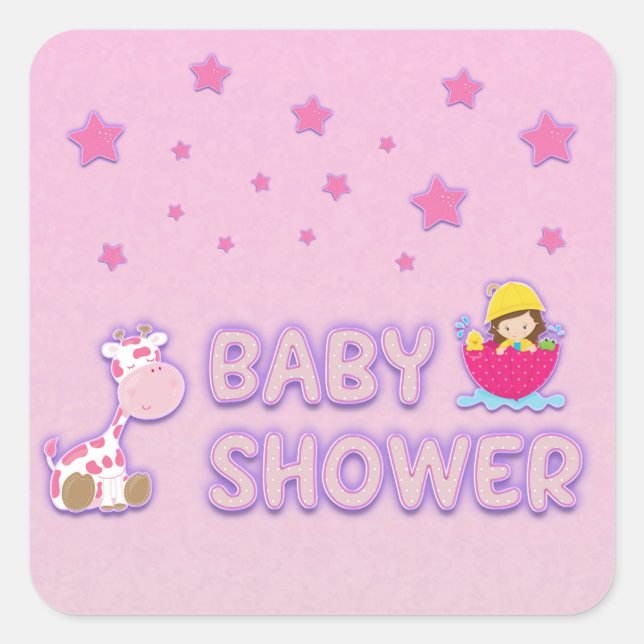 Pegatina Cuadrada Baby Shower para Estrellas Chicas y Giraffe (Anverso)