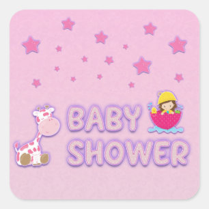 Pegatina Cuadrada Baby Shower para Estrellas Chicas y Giraffe