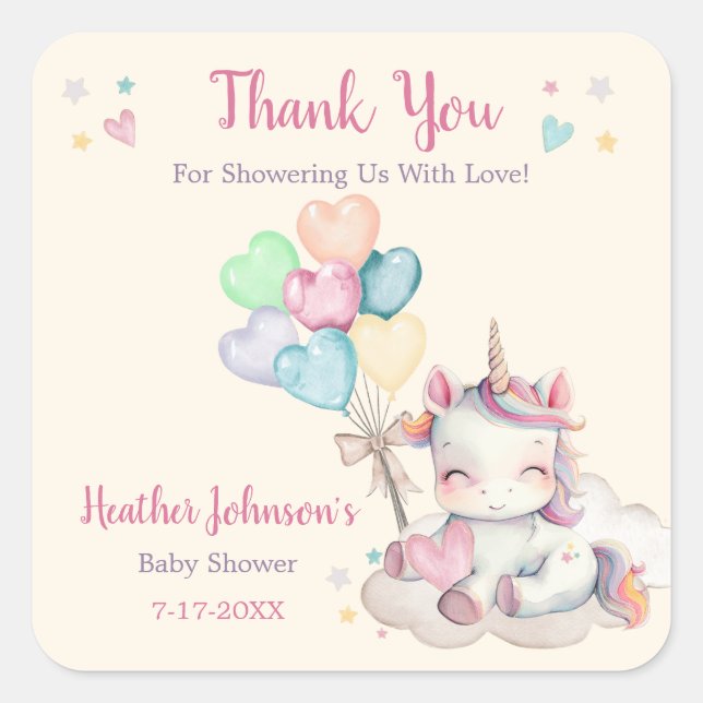 Pegatina Cuadrada Baby Shower Pastel Rainbow Unicorn (Anverso)