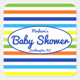 Pegatina Cuadrada Baby Shower Primario Blue Modern Summer Stripes