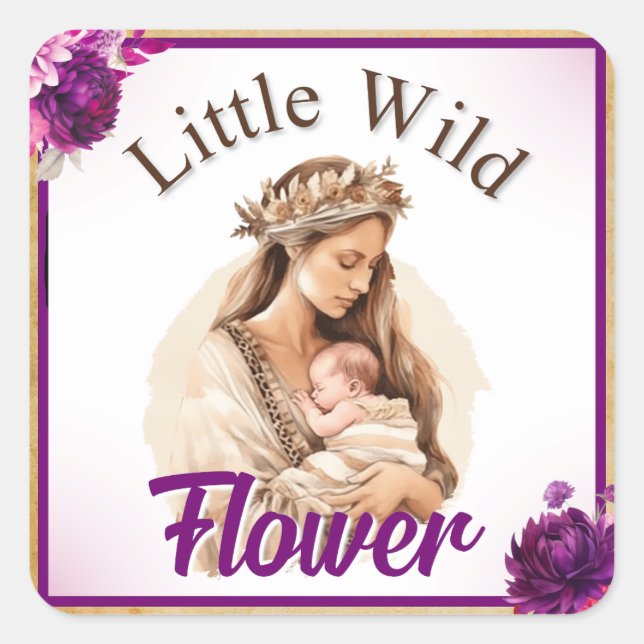 Pegatina Cuadrada Baby Shower Purple Boho (Anverso)